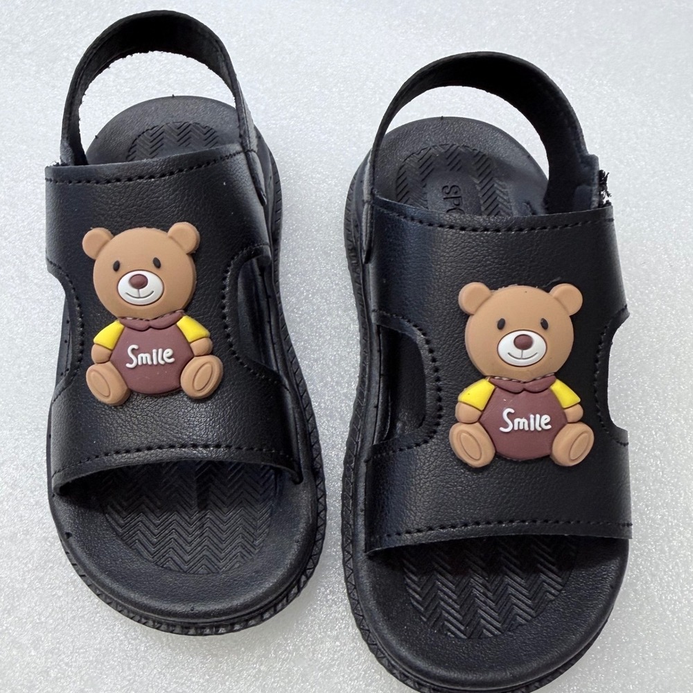 NIB Kids Black Teddy Bear Smile Sandals Hook Loop Closure Sz 7 Toddler - Picture 2 of 10